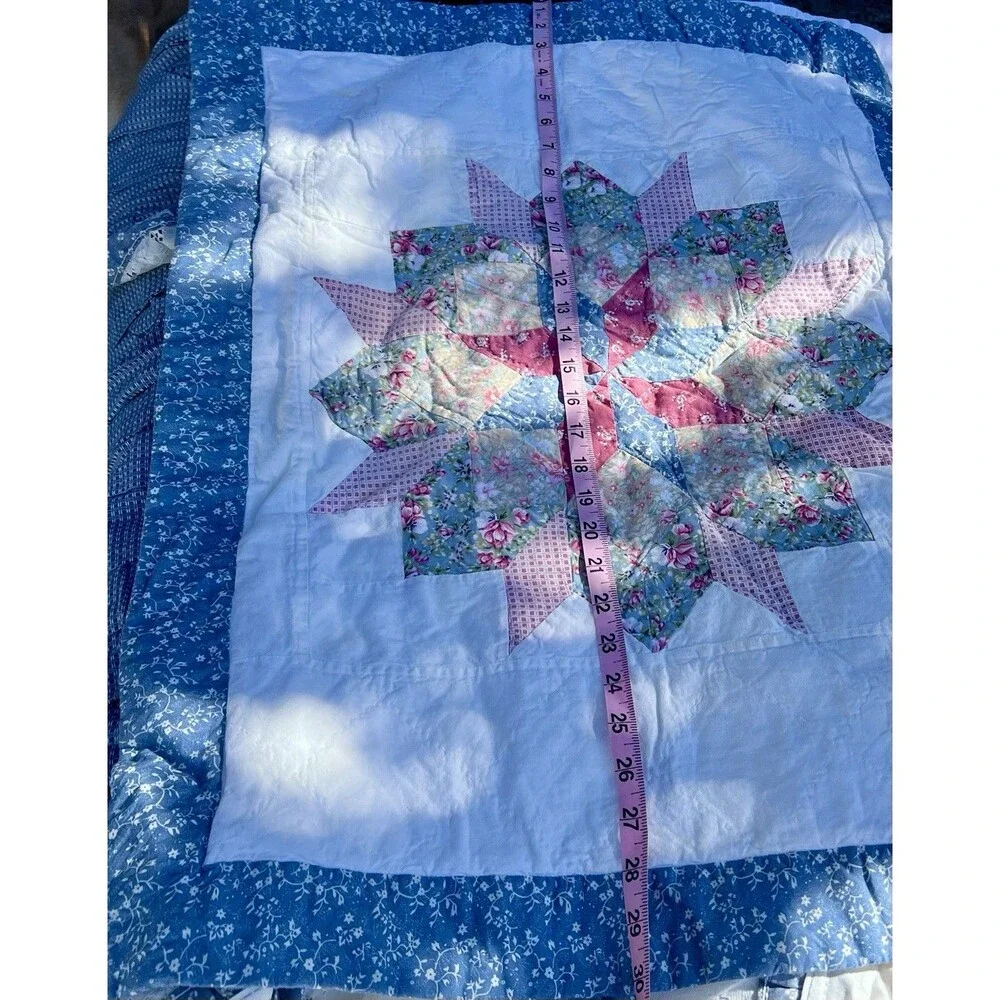 Vintage Cottage Floral Patchwork Quilted Pillow Shams Pair Blue Pink Zip Closure